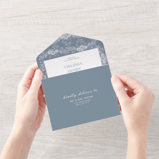 エレガントな ヴィンテージ グレー・ブルー 結婚式招待状 オールインワン招待状 (開いている状態)