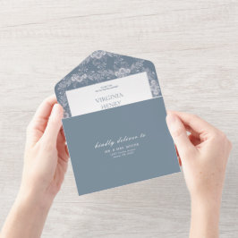 エレガントな ヴィンテージ グレー・ブルー 結婚式招待状 オールインワン招待状