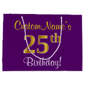 エレガントな、紫色、フェイクな金ゴールドの第25誕生日 + 名前 ラージペーパーバッグ (裏面)