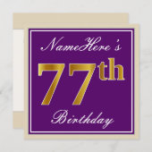 エレガントな、紫色、フェイクな金ゴールドの第77誕生日 + 名前 招待状 (正面/裏面)