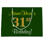 エレガントな、緑、フェイクな金ゴールドの第31誕生日 + 名前 ラージペーパーバッグ (正面)