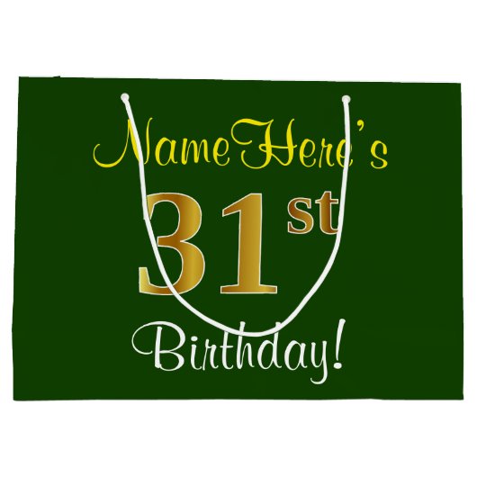 エレガントな、緑、フェイクな金ゴールドの第31誕生日 + 名前 ラージペーパーバッグ (裏面)