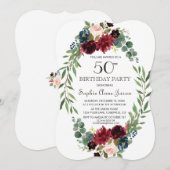 エレガントな Merlot ネイビーブルー 花 モチーフ 50歳の誕生日 招待状 (正面/裏面)