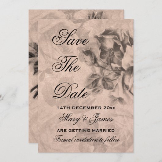 エレガントな「Save The Date」ヴィンテージ ローズ セピア セーブザデート (正面/裏面)