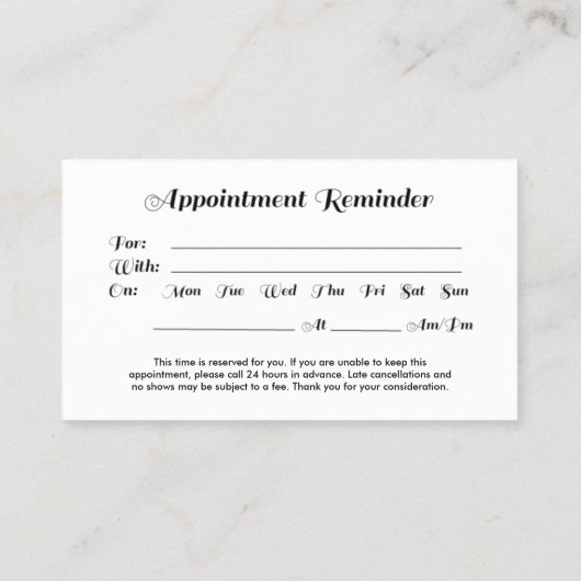 エレガントなBlkの7日間のロゴのアポイントメントのメモカード 予約カード (裏面)