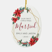 エレガントなChrismasの結婚したな最初赤いポインセチア セラミックオーナメント (正面)