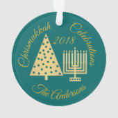 エレガントなChrismukkahハヌカーのクリスマスの金ゴールドのティール(緑がかった色) オーナメント (裏面)