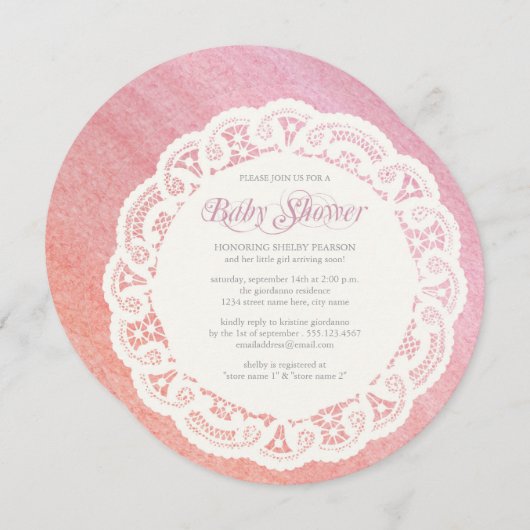 エレガントなDoilyのベビーシャワーの招待状/ピンクの珊瑚 招待状 (正面/裏面)