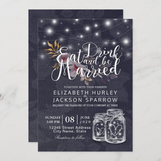 エレガントなEAT Drink & Be Married ウェディング招待状 招待状 (正面/裏面)