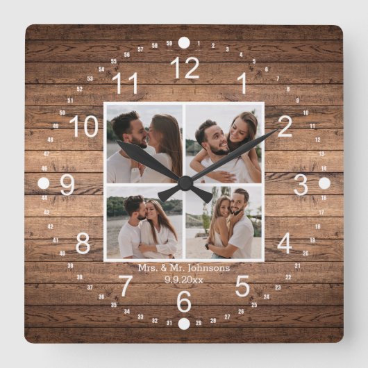 エレガントなMrs. & Mr. 4枚の写真のコラージュ ラスティック ウェディング スクエア壁時計 (正面)