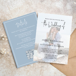 エレガントなQRコード招待状 フォト シンプル ダスティーブルー 招待状