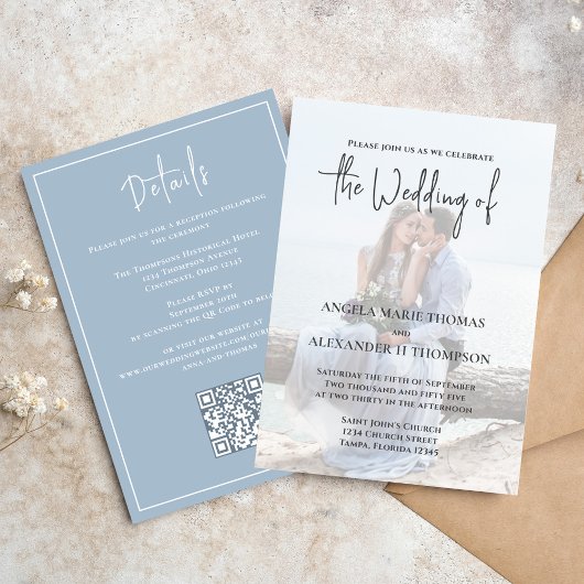 エレガントなQRコード招待状 フォト シンプル ダスティーブルー 招待状