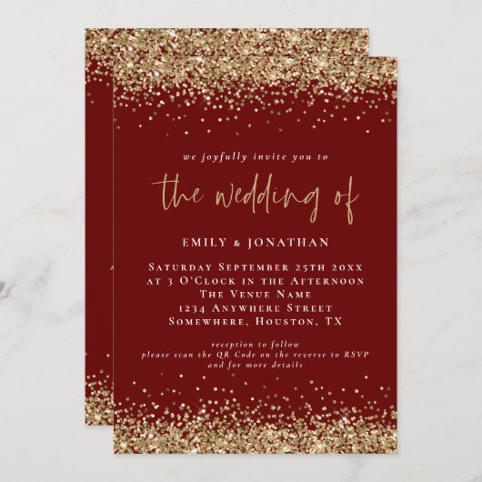 エレガントなQRコード バーガンディ ゴールド グリッター ウェディング 招待状 (正面/裏面)