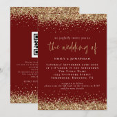 エレガントなQRコード ワインレッド ゴールドグリッター 結婚式 招待状 (正面/裏面)