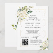 エレガントなQRコード 白い花 ゴールドの結婚式 招待状 (正面/裏面)