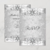 エレガントなRSVP シルバー ホワイト ダイヤモンド ラ lace 出欠カード (正面/裏面)