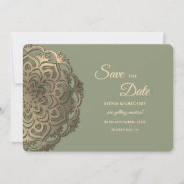 エレガントなsageグリーンとフェイクゴールドのSave the Date セーブザデート