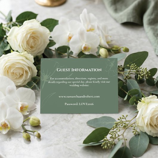 エレガントなsageグリーンの花のラインアートの結婚式の詳細 エンクロージャーカード