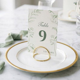 エレガントなsageグリーンの花の線画の結婚式 テーブルナンバー
