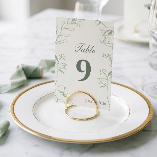 エレガントなsageグリーンの花の線画の結婚式 テーブルナンバー