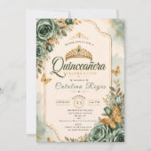 エレガントなsageグリーンのQuinceañera 招待状 (正面)