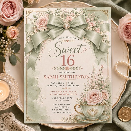 エレガントなsage greenのピンクの恋する女の子の弓Sweet 16 招待状
