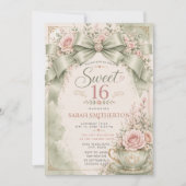 エレガントなsage greenのピンクの恋する女の子の弓Sweet 16 招待状 (正面)