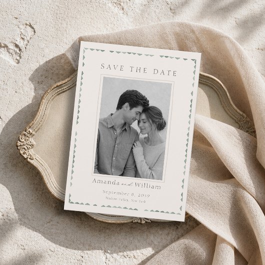 エレガントなsage greenのフォト付結婚式事前案内カード 招待状