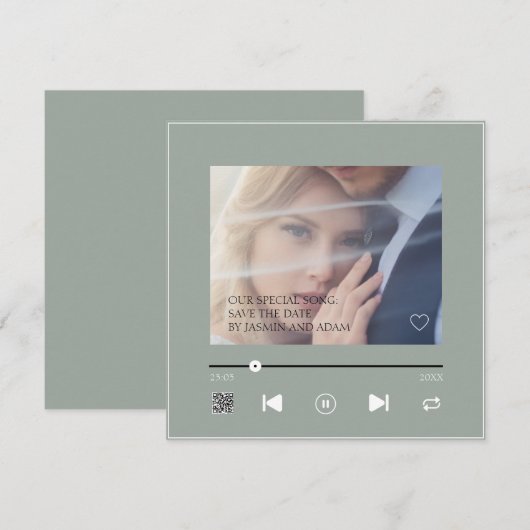 エレガントなsage greenの結婚式ソングQRコードSave the Date セーブザデート (正面/裏面)