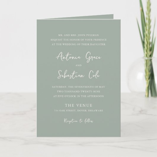 エレガントなsage green QRコード モダンな結婚式 招待状 (正面)