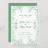 エレガントなSave the Dateカード – 緑のバラのフィリグリー 招待状 (正面/裏面)