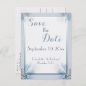 エレガントなSave the Date ダスティーブルーの花の水彩画 案内ポストカード (正面/裏面)