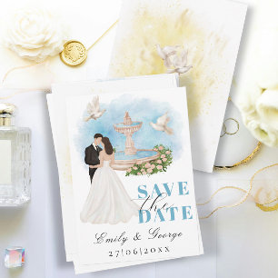 エレガントなSave the Date - 花嫁と花婿の噴水 招待状