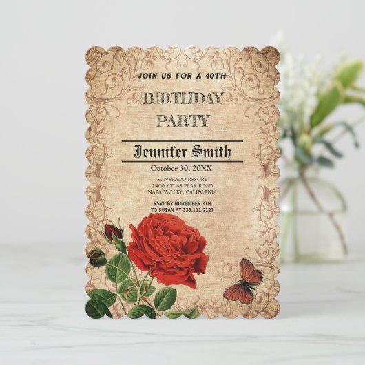 エレガントにレトロな赤いバラのビンテージ 招待状 (スタンド正面)