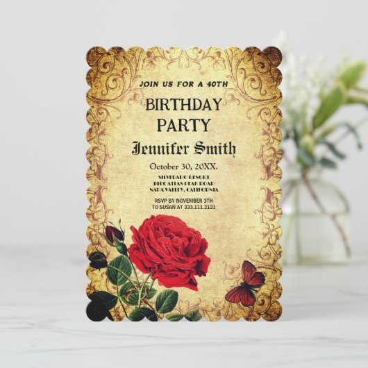 エレガントにレトロな赤いバラのヴィンテージ招待状 招待状 (スタンド正面)