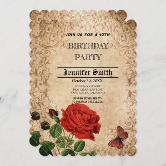 エレガントにレトロな赤いバラのヴィンテージ 招待状 (正面/裏面)
