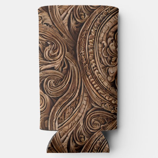 エレガントに詳細な彫刻された木材 スリム缶クーラー (裏面)
