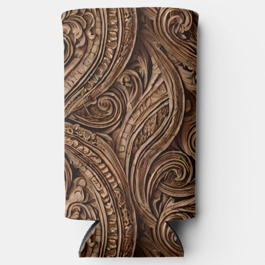 エレガントに詳細な彫刻された木材 スリム缶クーラー (正面)