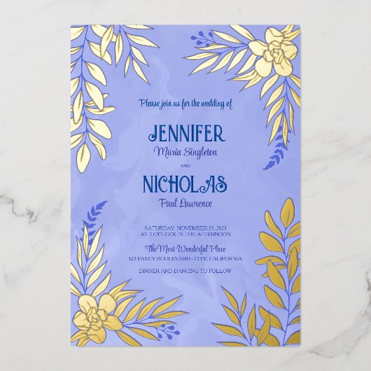 エレガントの花葉とオーナメント結婚の 箔招待状 (正面)