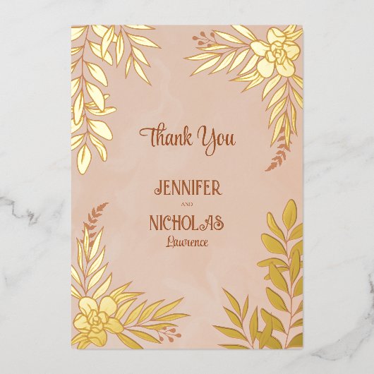 エレガントの花葉とオーナメント結婚の 箔招待状 (正面)