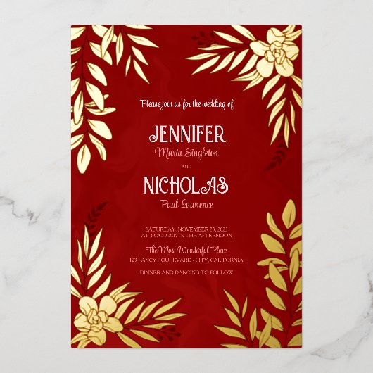 エレガントの花葉とオーナメント結婚の 箔招待状 (正面)