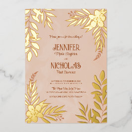 エレガントの花葉とオーナメント結婚の 箔招待状