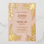 エレガントの花葉とオーナメント結婚の 箔招待状 (正面)