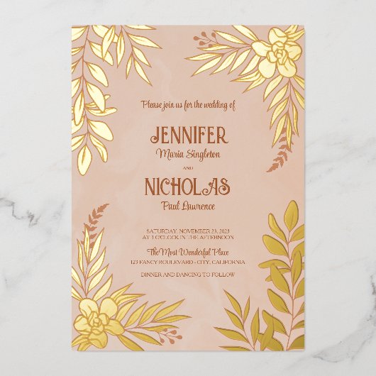 エレガントの花葉とオーナメント結婚の 箔招待状 (正面)