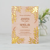 エレガントの花葉とオーナメント結婚の 箔招待状 (立ち正面)