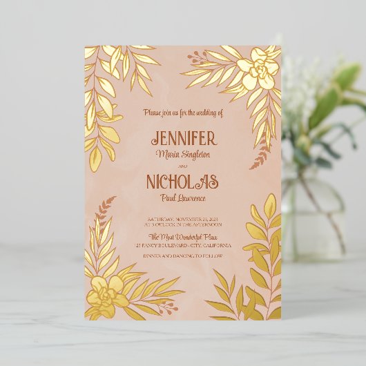 エレガントの花葉とオーナメント結婚の 箔招待状 (立ち正面)