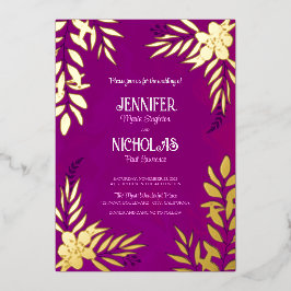 エレガントの花葉とオーナメント結婚の 箔招待状