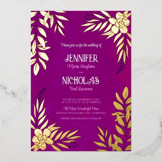 エレガントの花葉とオーナメント結婚の 箔招待状 (正面)