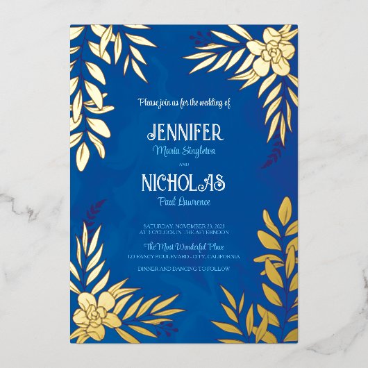 エレガントの花葉とオーナメント結婚の 箔招待状 (正面)