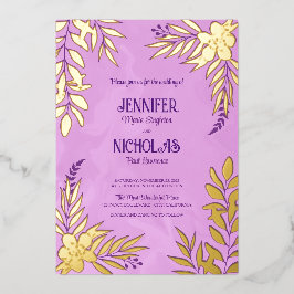 エレガントの花葉とオーナメント結婚の 箔招待状